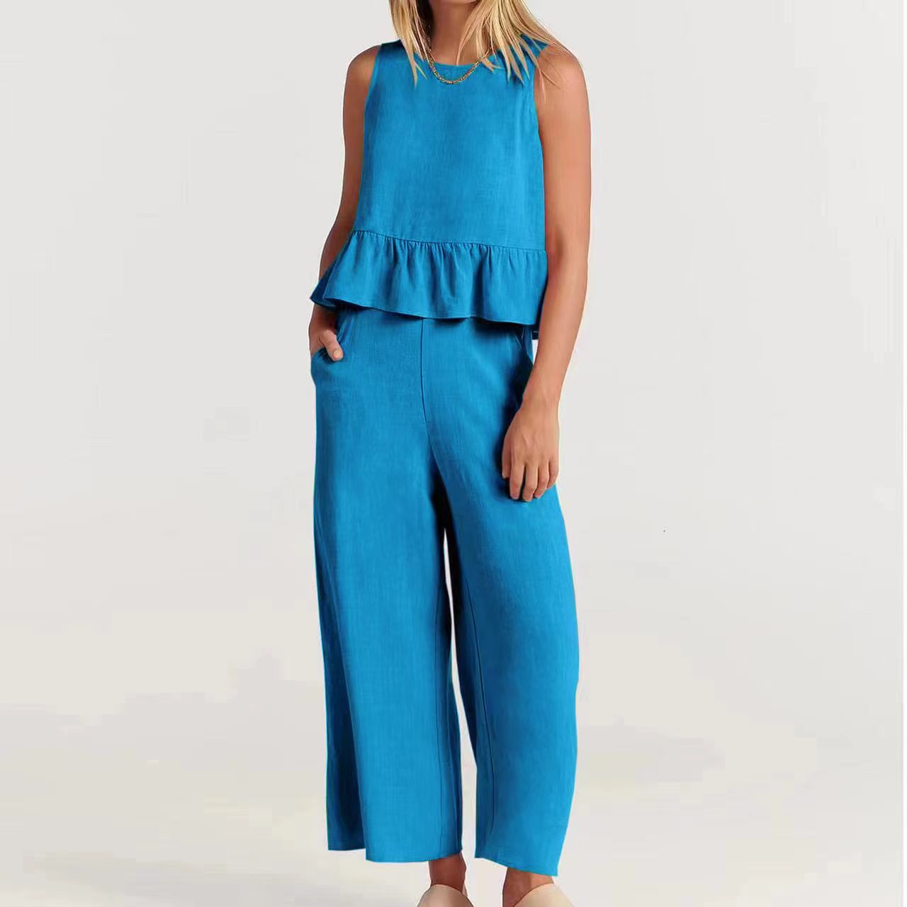 Breezy Linen Blend Peplum Top and Wide-Leg Pant Set