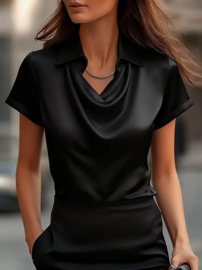 Elegant Satin Blouse with Draped Cowl Neck and Cuffed Sleeves