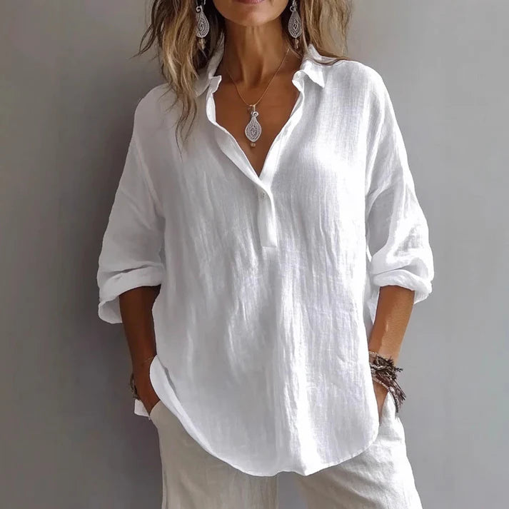 Relaxed Fit Linen Blend Button-Up Tunic Shirt