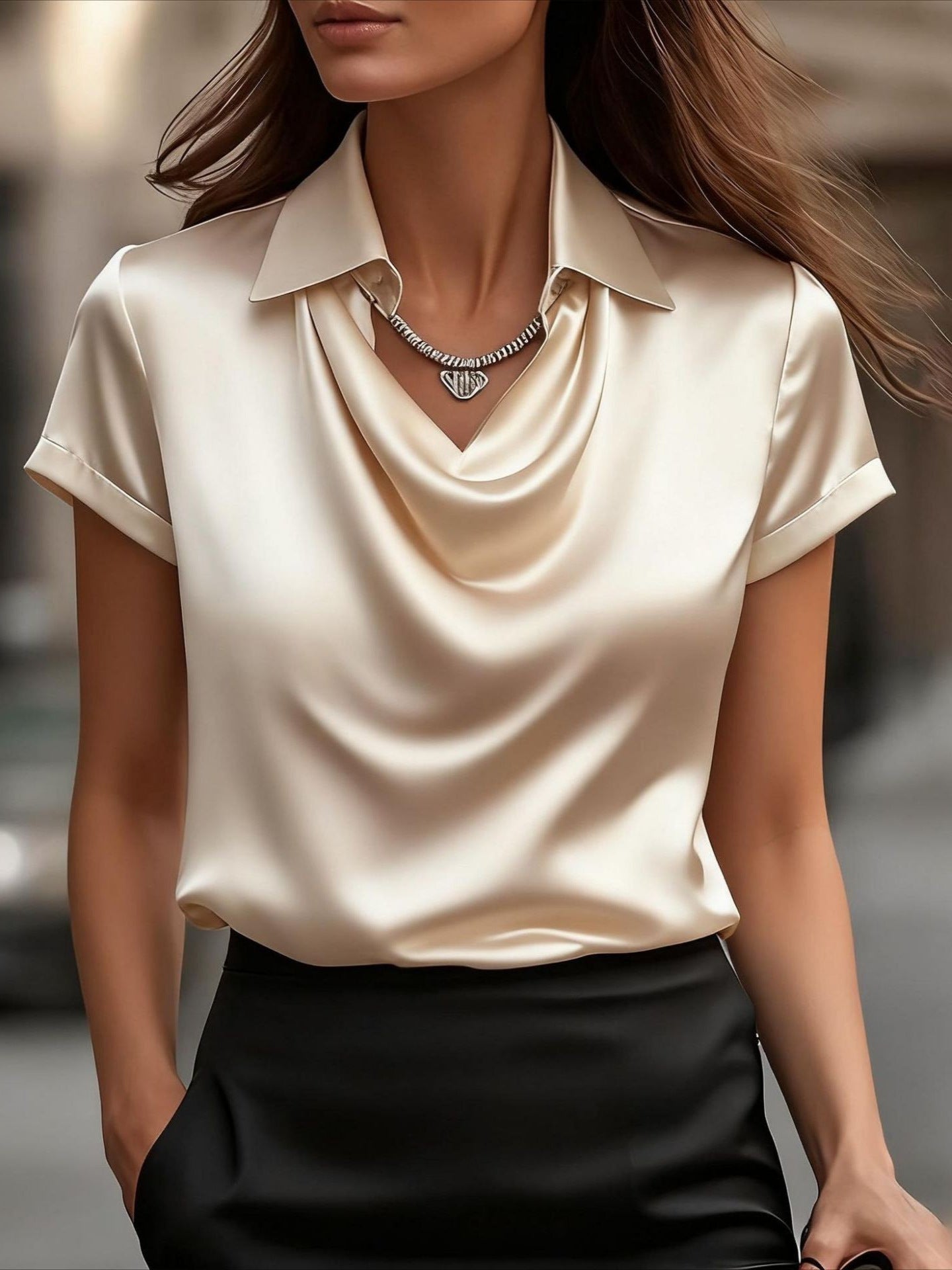 Elegant Satin Blouse with Draped Cowl Neck and Cuffed Sleeves