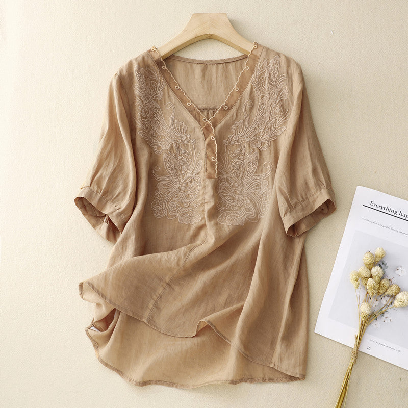 Embroidered V-Neck Linen Blend Short Sleeve Blouse