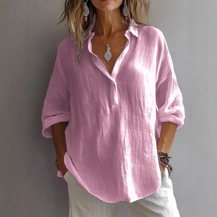 Relaxed Fit Linen Blend Button-Up Tunic Shirt