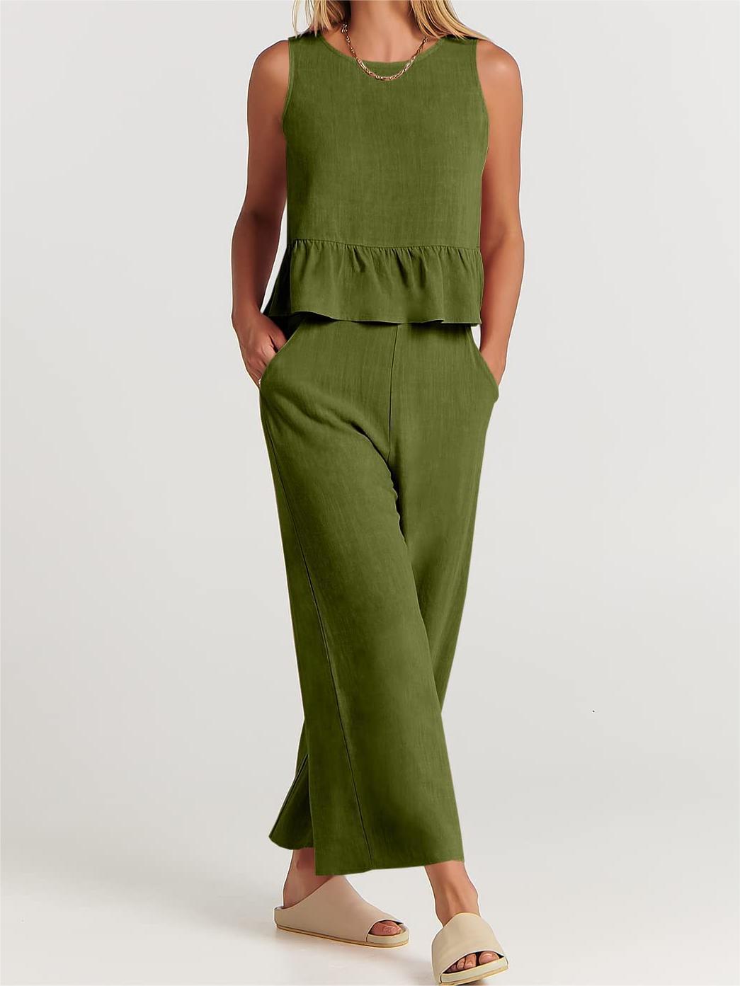 Breezy Linen Blend Peplum Top and Wide-Leg Pant Set