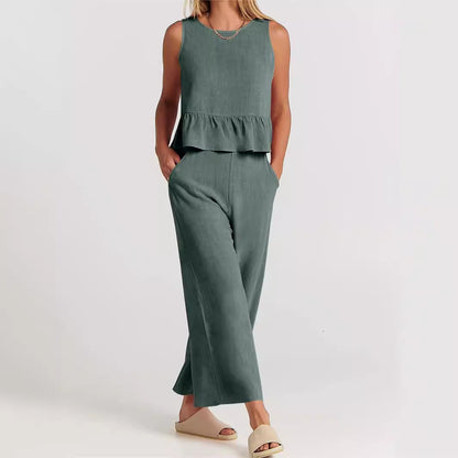 Breezy Linen Blend Peplum Top and Wide-Leg Pant Set