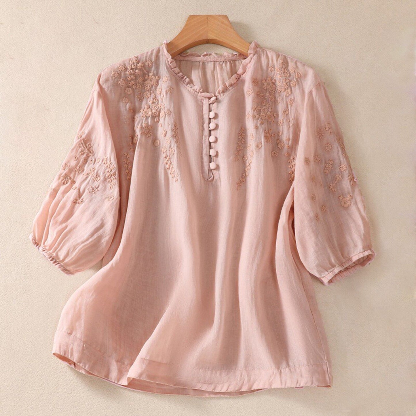Relaxed Embroidered Top with Ruffled Collar and Gathered Sleeves
