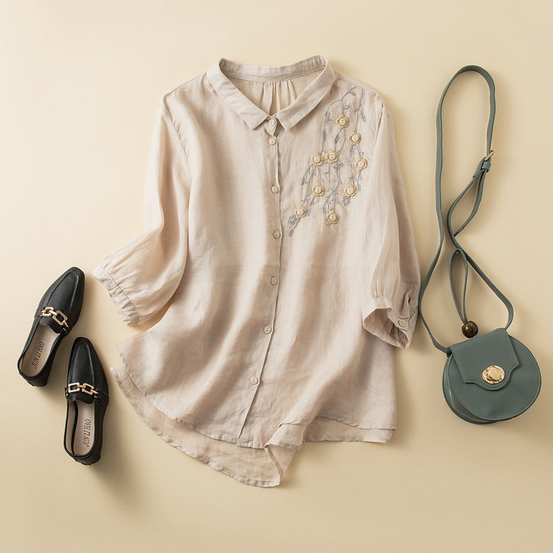 Embroidered Linen Blend Button-Up Blouse with Curved Hem