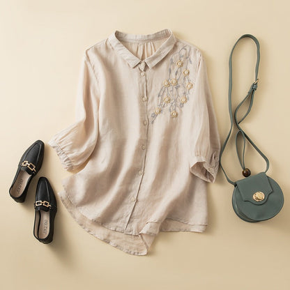 Embroidered Linen Blend Button-Up Blouse with Curved Hem