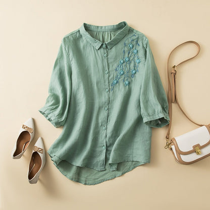 Embroidered Linen Blend Button-Up Blouse with Curved Hem