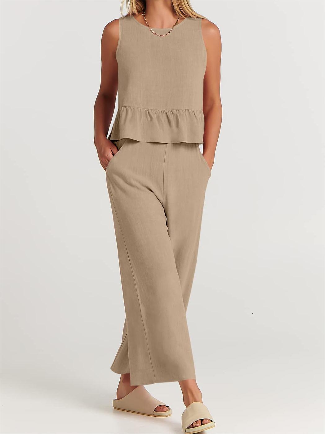 Breezy Linen Blend Peplum Top and Wide-Leg Pant Set