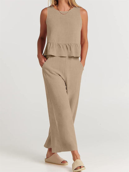Breezy Linen Blend Peplum Top and Wide-Leg Pant Set