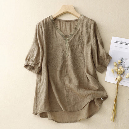 Embroidered V-Neck Linen Blend Short Sleeve Blouse
