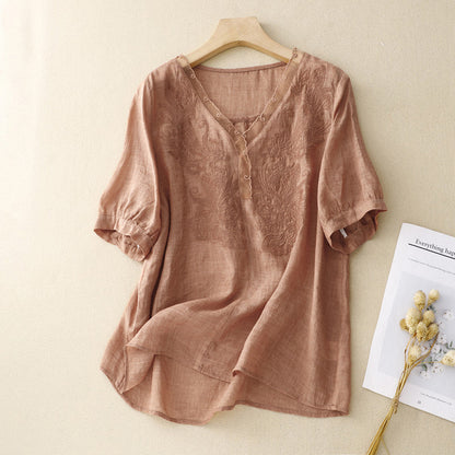 Embroidered V-Neck Linen Blend Short Sleeve Blouse