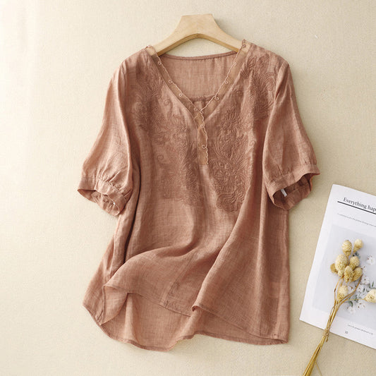 Embroidered V-Neck Linen Blend Short Sleeve Blouse