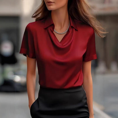 Elegant Satin Blouse with Draped Cowl Neck and Cuffed Sleeves