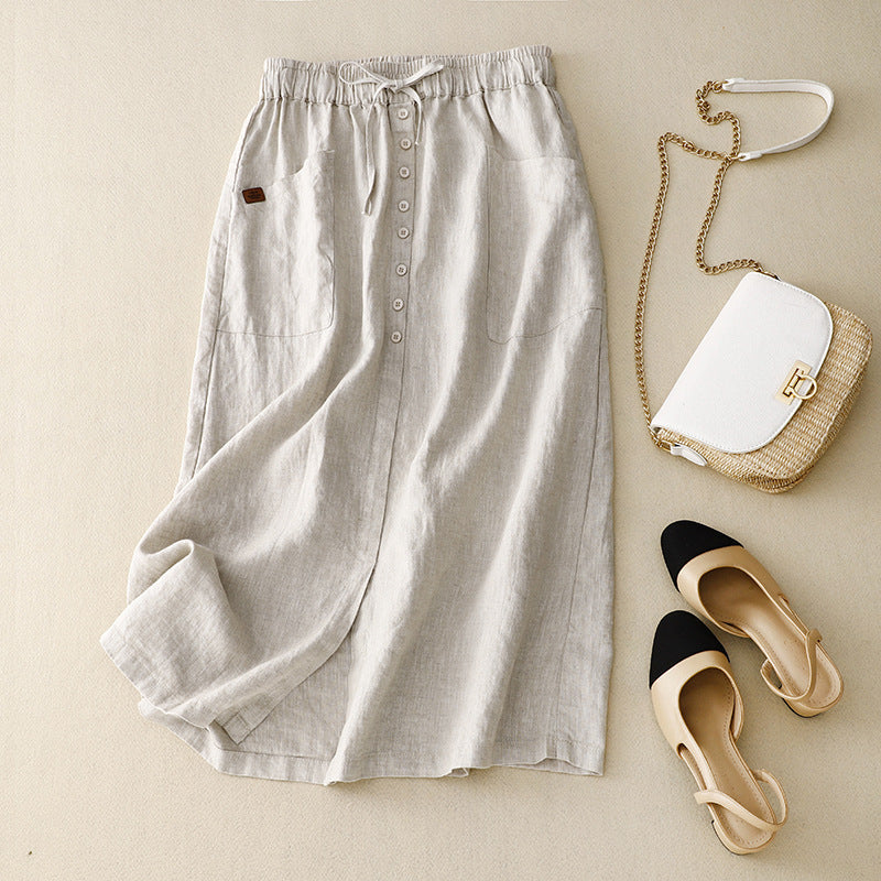 Relaxed Linen Blend Midi Skirt with Button Front and Pockets