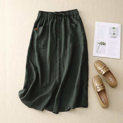 Relaxed Linen Blend Midi Skirt with Button Front and Pockets