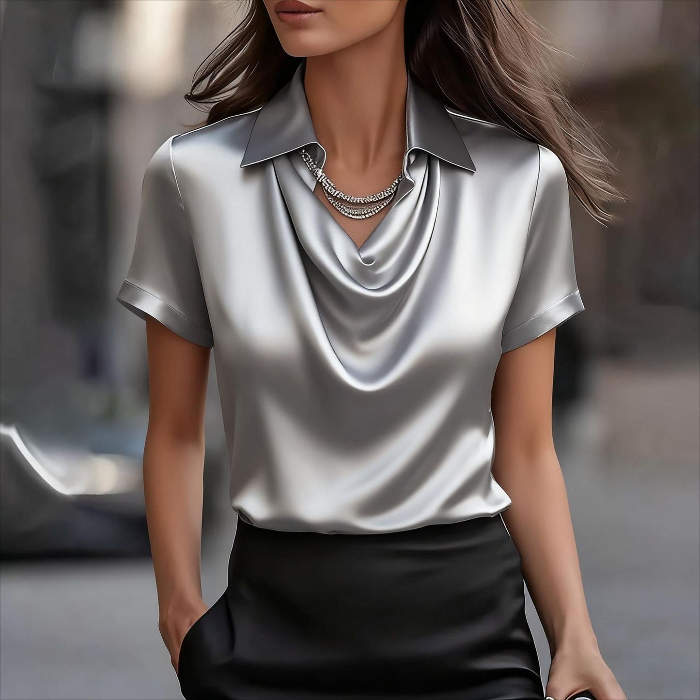 Elegant Satin Blouse with Draped Cowl Neck and Cuffed Sleeves