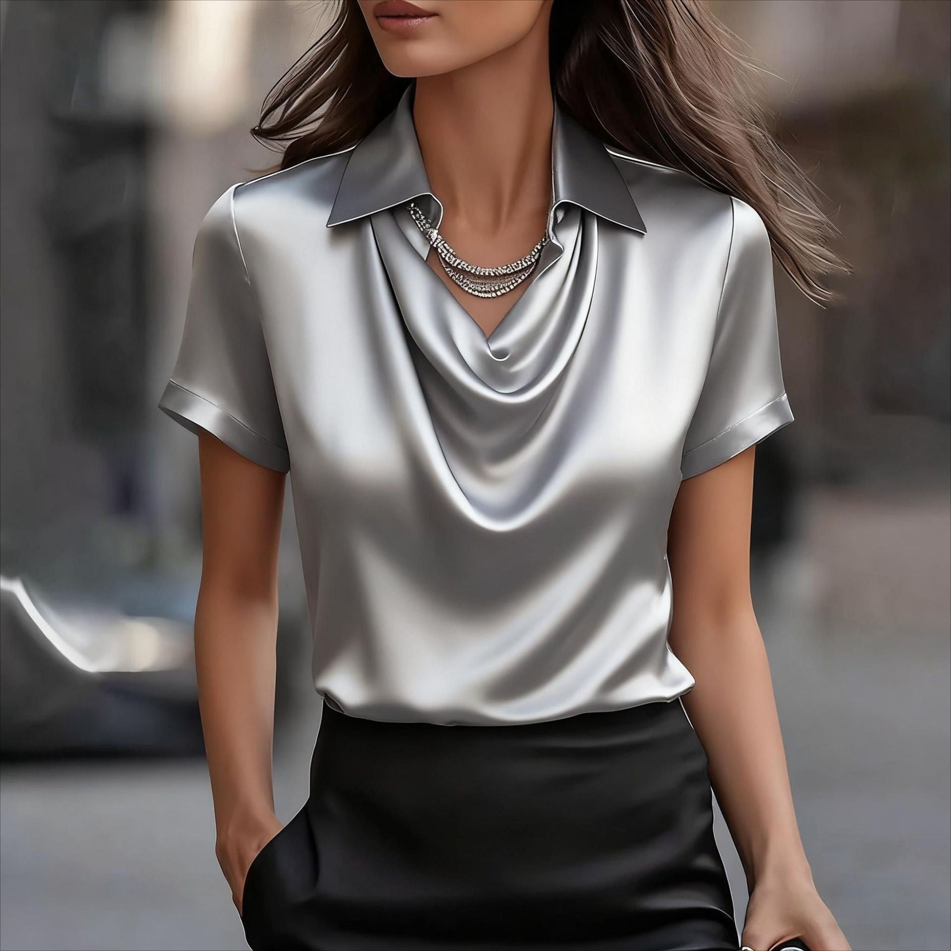 Elegant Satin Blouse with Draped Cowl Neck and Cuffed Sleeves