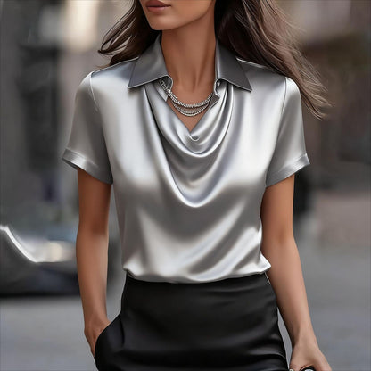Elegant Satin Blouse with Draped Cowl Neck and Cuffed Sleeves