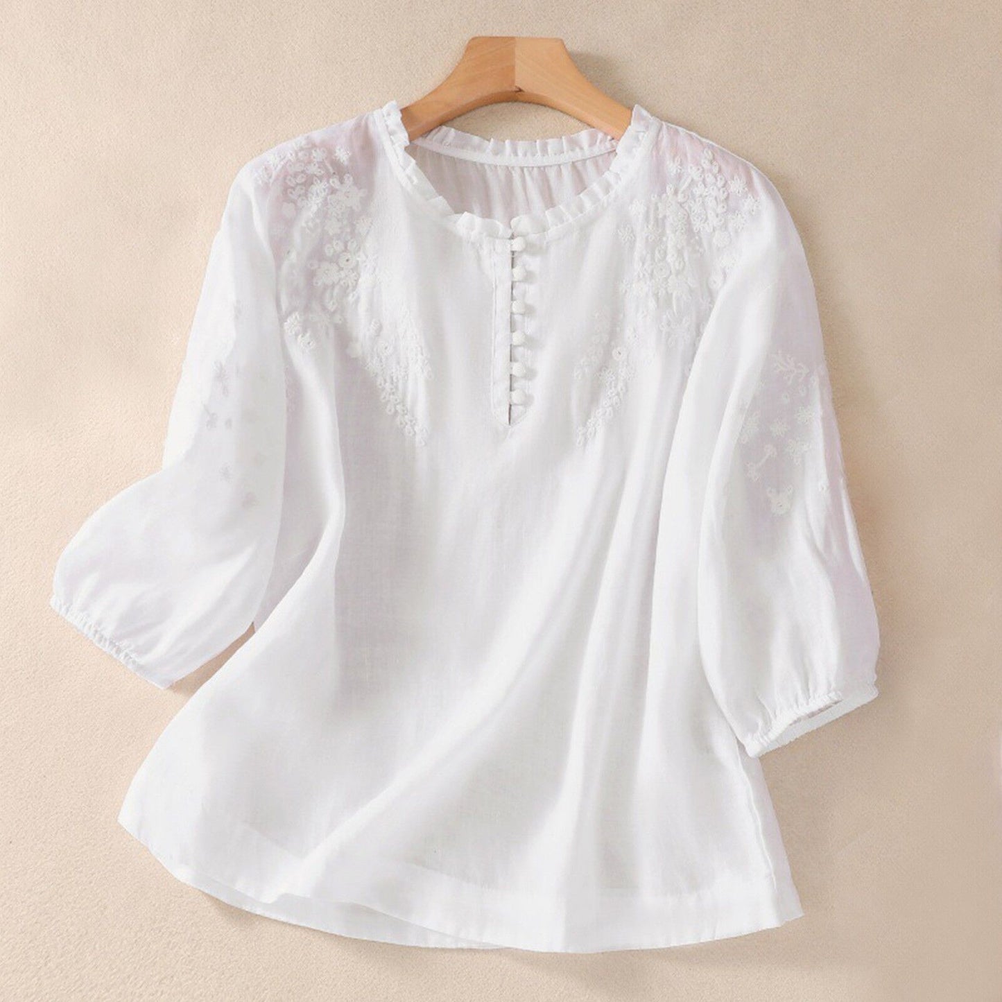 Relaxed Embroidered Top with Ruffled Collar and Gathered Sleeves