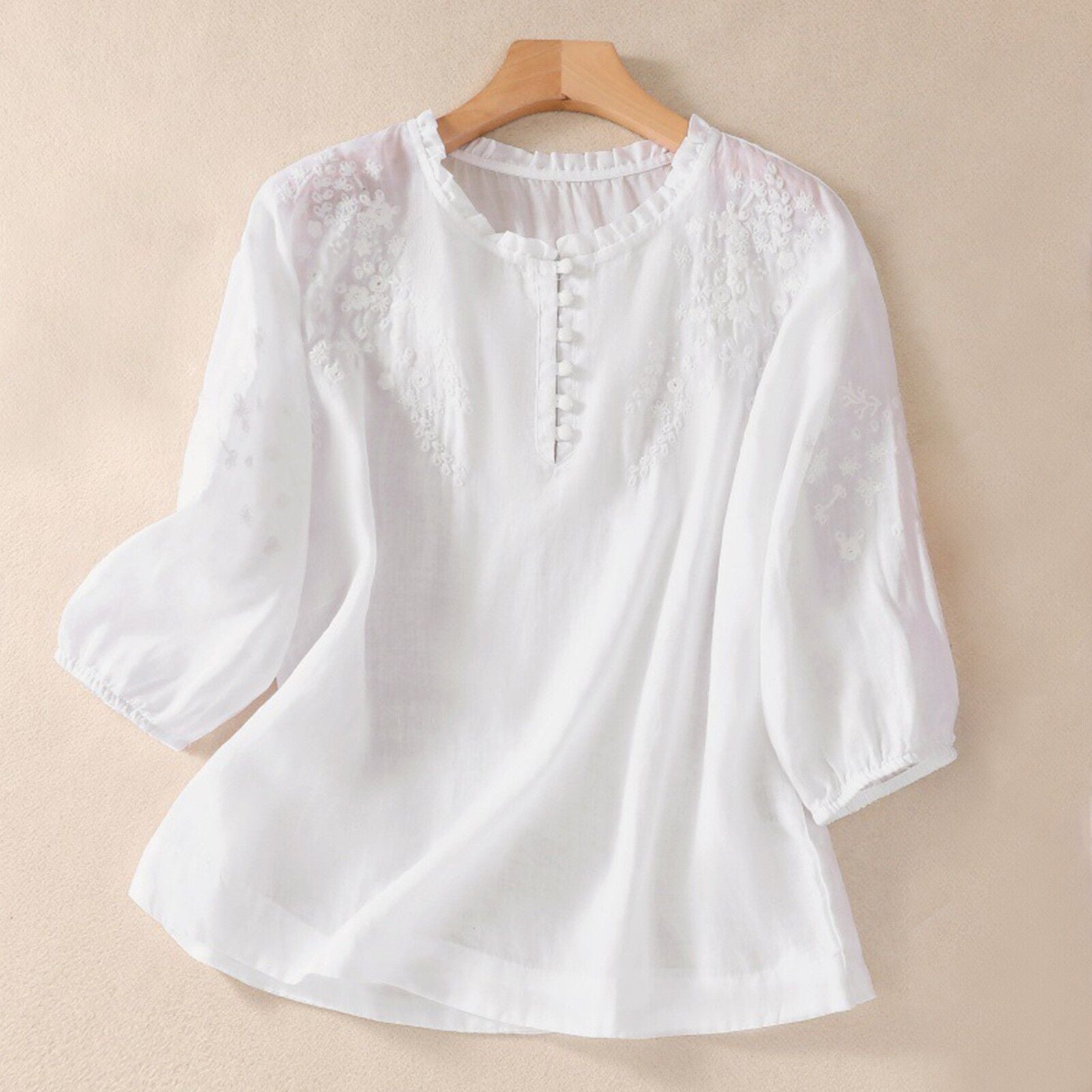 Relaxed Embroidered Top with Ruffled Collar and Gathered Sleeves