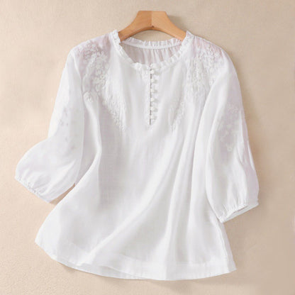 Relaxed Embroidered Top with Ruffled Collar and Gathered Sleeves