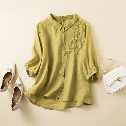Embroidered Linen Blend Button-Up Blouse with Curved Hem