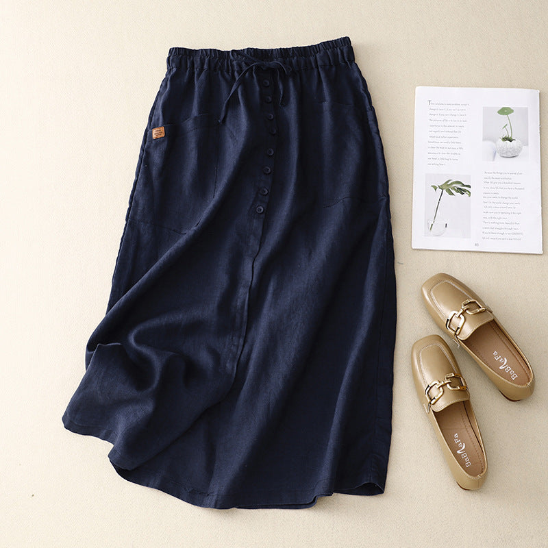 Relaxed Linen Blend Midi Skirt with Button Front and Pockets