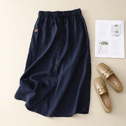 Relaxed Linen Blend Midi Skirt with Button Front and Pockets