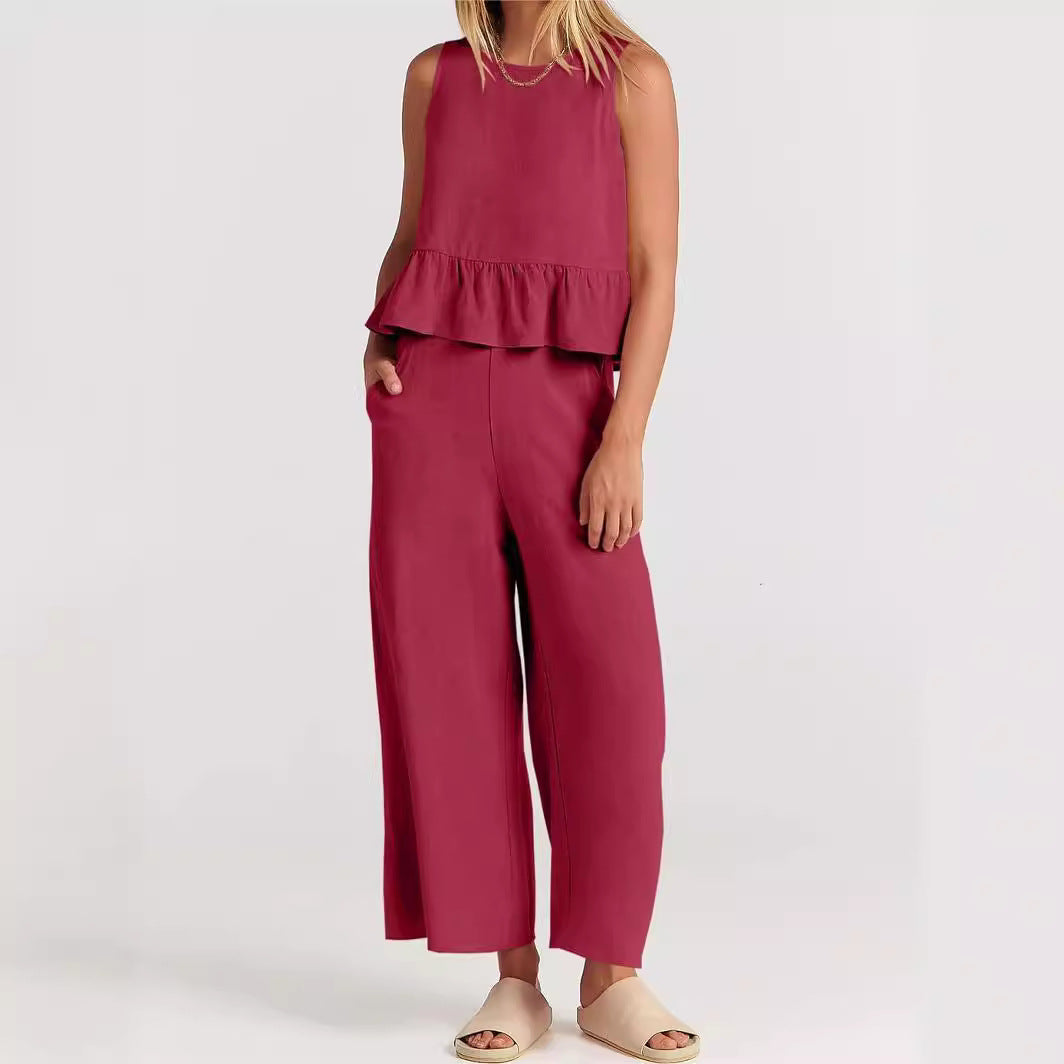 Breezy Linen Blend Peplum Top and Wide-Leg Pant Set