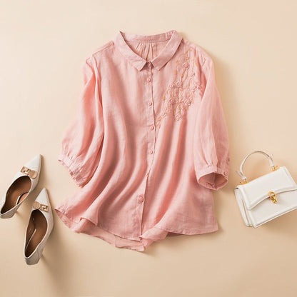 Embroidered Linen Blend Button-Up Blouse with Curved Hem