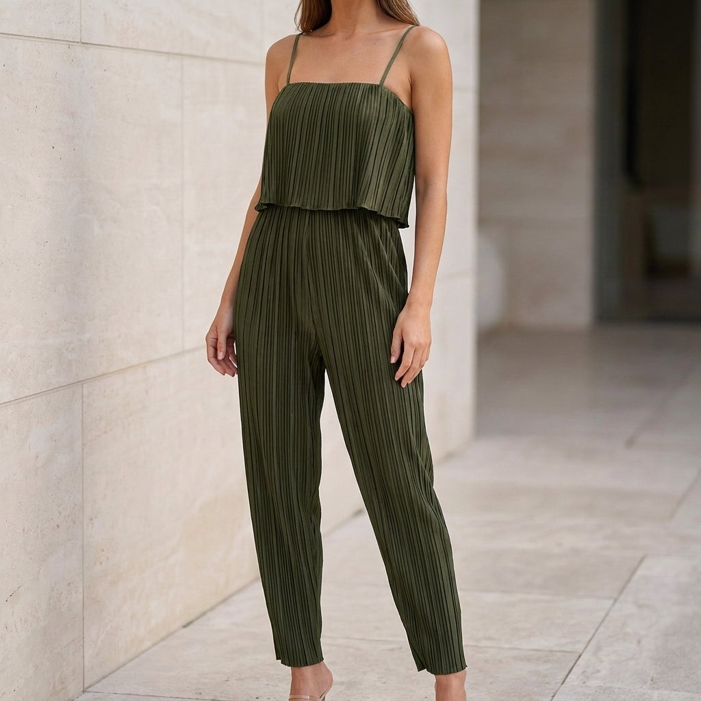 Pleated Layered Ruffle Jumpsuit with Wide-Leg Silhouette