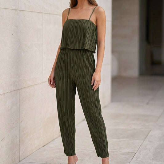 Pleated Layered Ruffle Jumpsuit with Wide-Leg Silhouette
