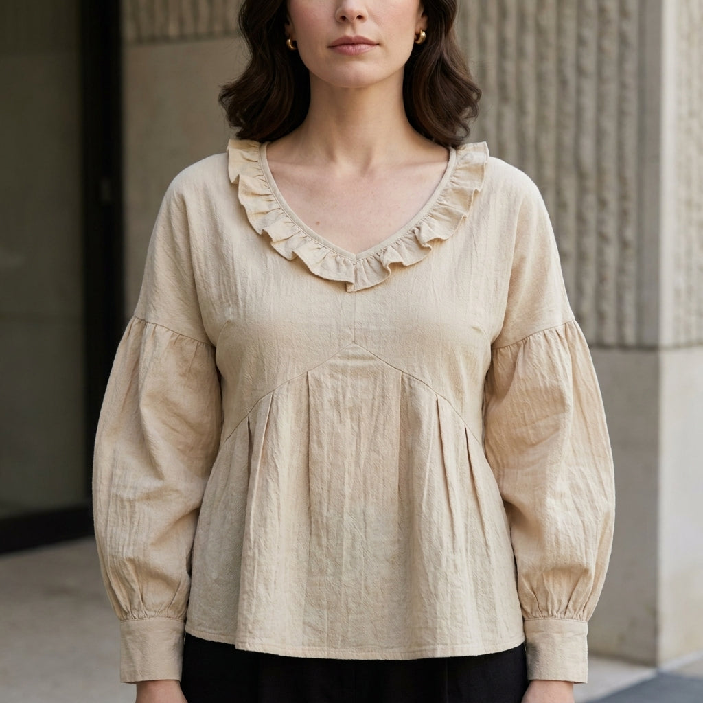 Relaxed Ruffle Trim V-Neck Peasant Blouse