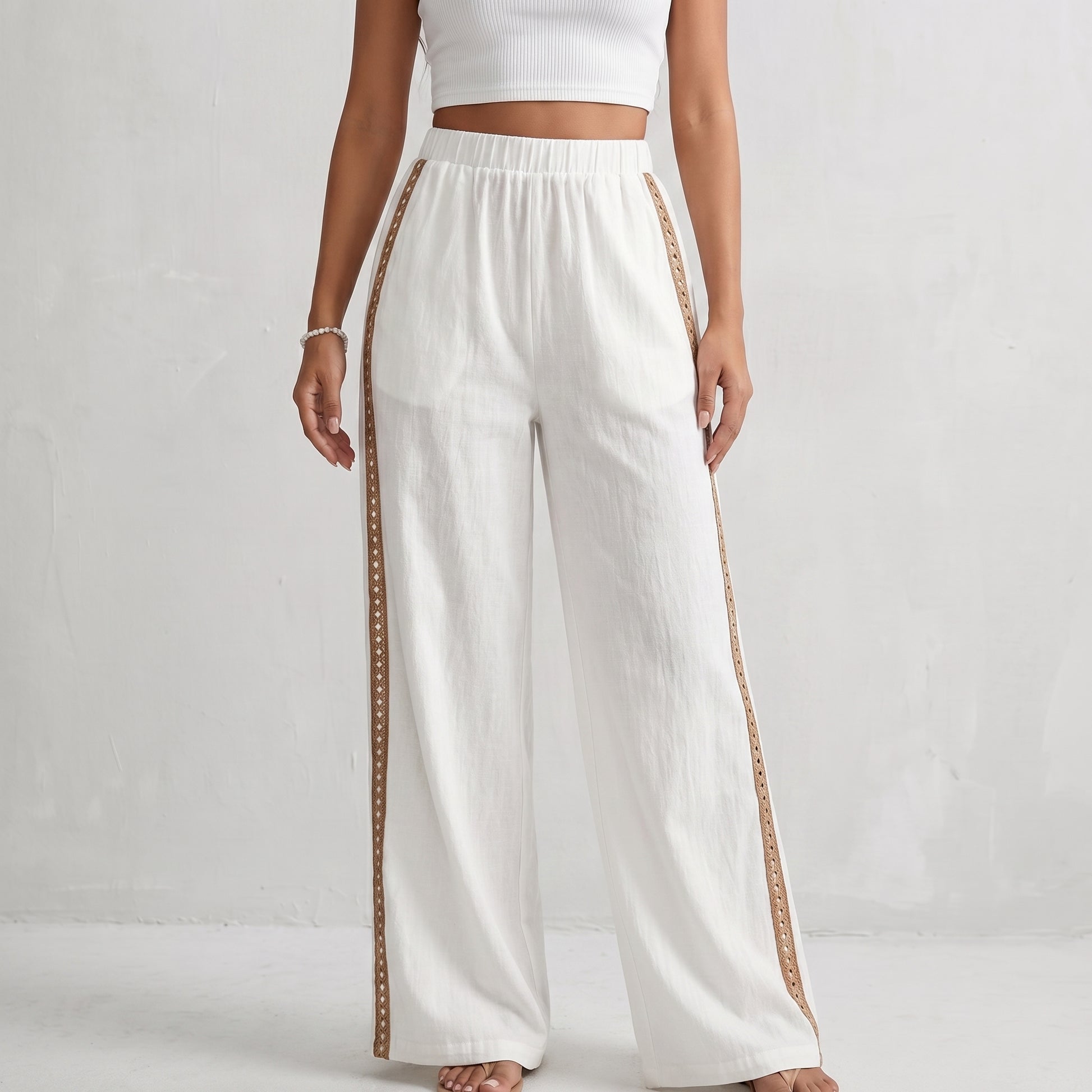 Airy Wide-Leg Trousers with Contrast Eyelet Side Trim