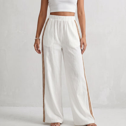 Airy Wide-Leg Trousers with Contrast Eyelet Side Trim