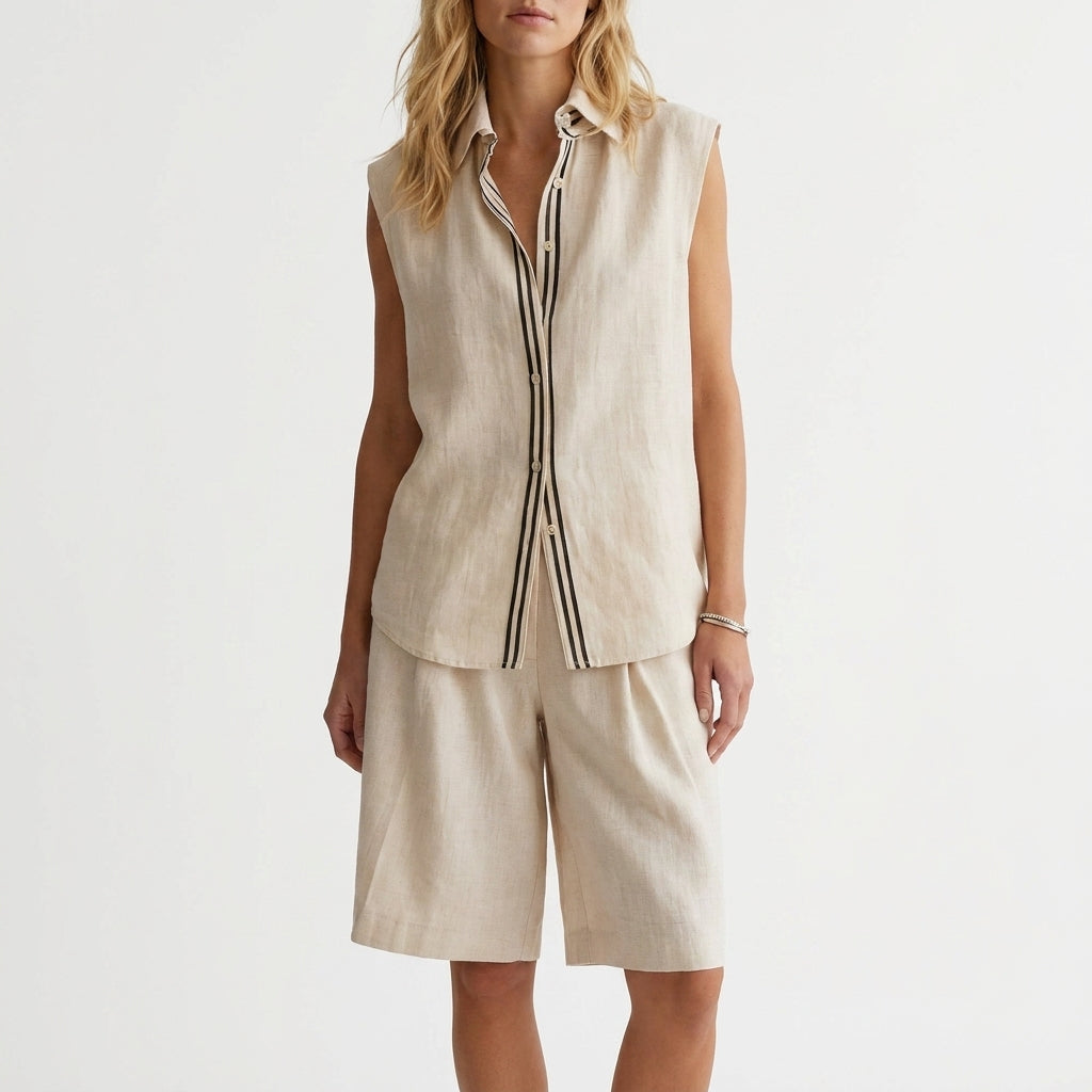 Relaxed Sleeveless Button-Up Shirt and Wide-Leg Pleated Shorts Set