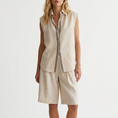 Relaxed Sleeveless Button-Up Shirt and Wide-Leg Pleated Shorts Set