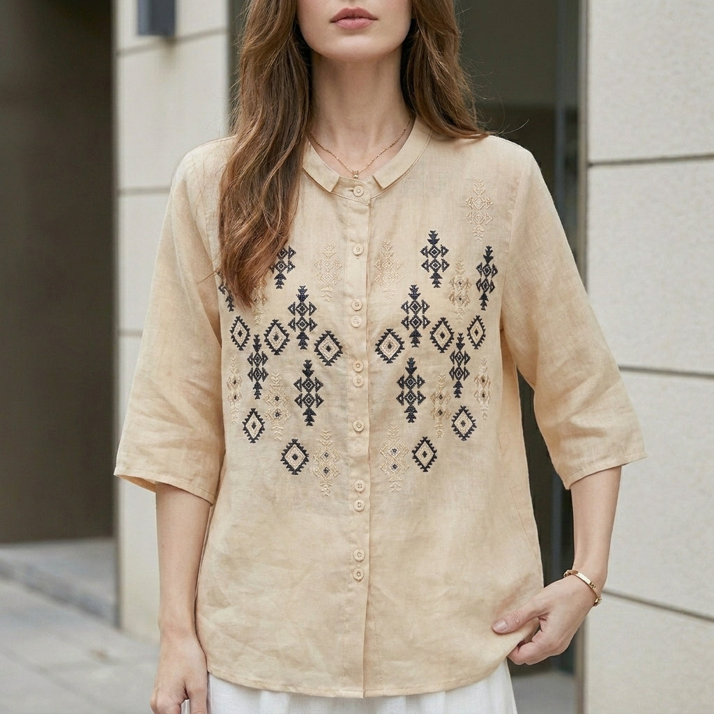 Embroidered Geometric Button-Down Blouse with Stand Collar and Relaxed Fit