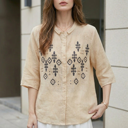 Embroidered Geometric Button-Down Blouse with Stand Collar and Relaxed Fit