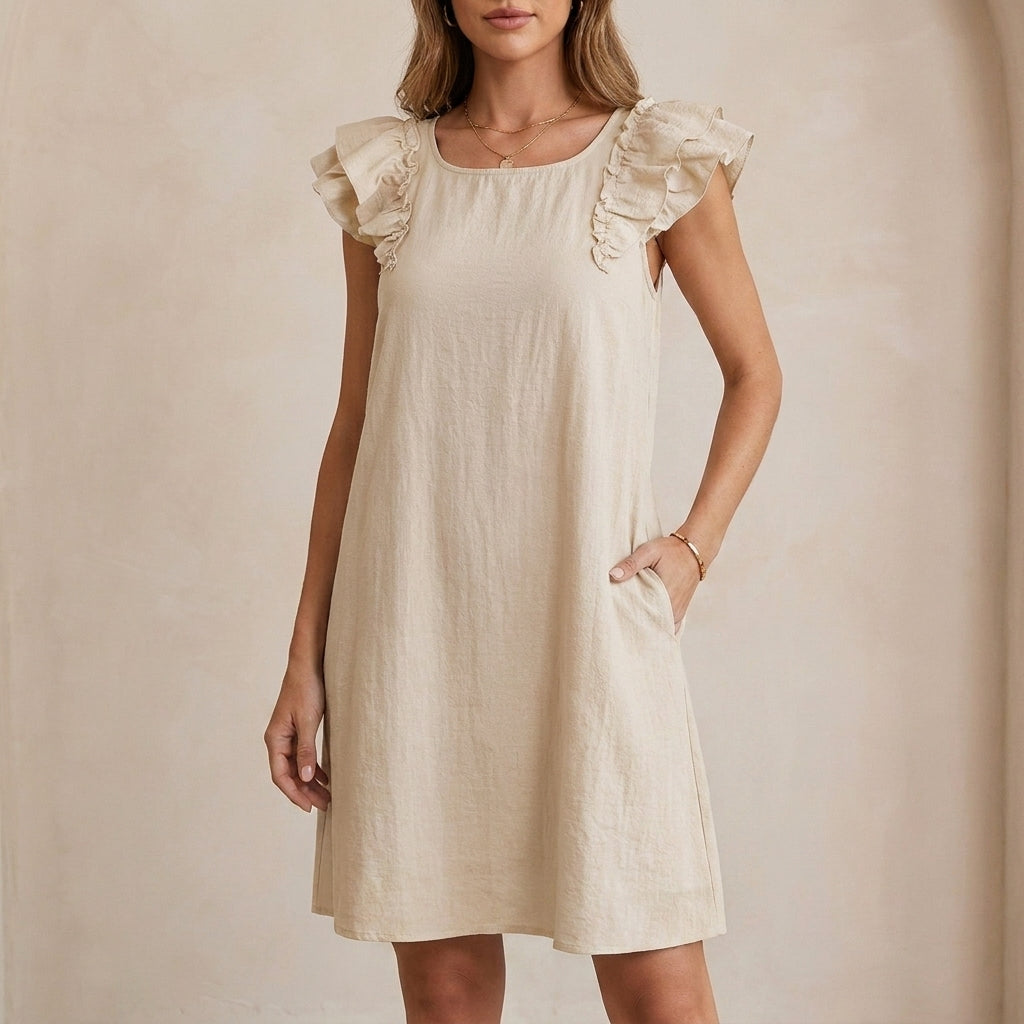 Textured Woven Mini Shift Dress with Lotus Leaf Ruffle Sleeves