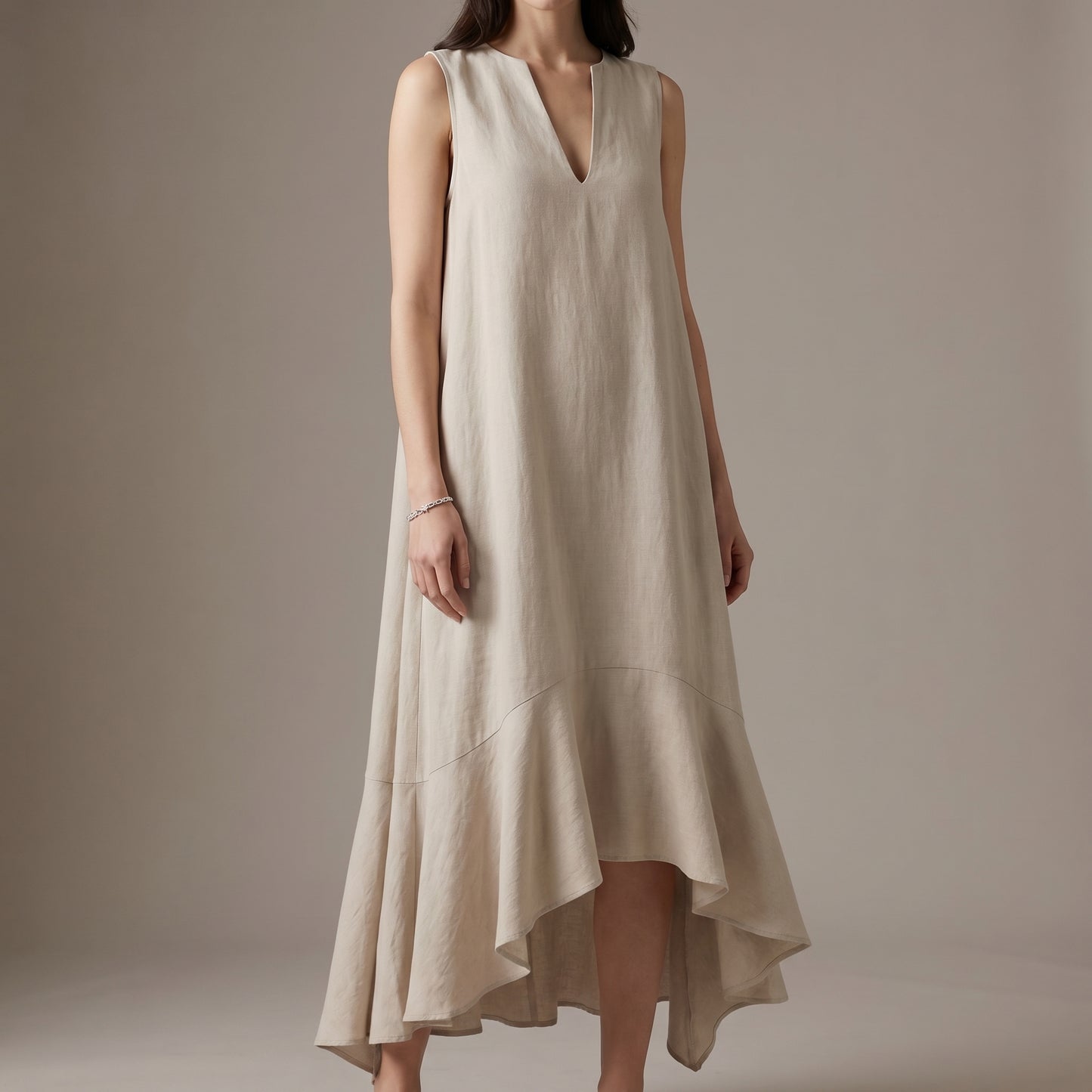 Flowing Sleeveless Maxi Dress with Draped Notched V-Neck and Asymmetric Ruffled Hem