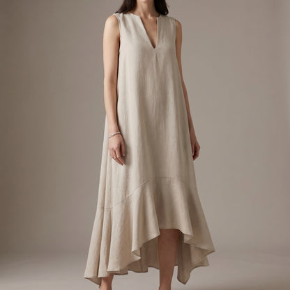 Flowing Sleeveless Maxi Dress with Draped Notched V-Neck and Asymmetric Ruffled Hem