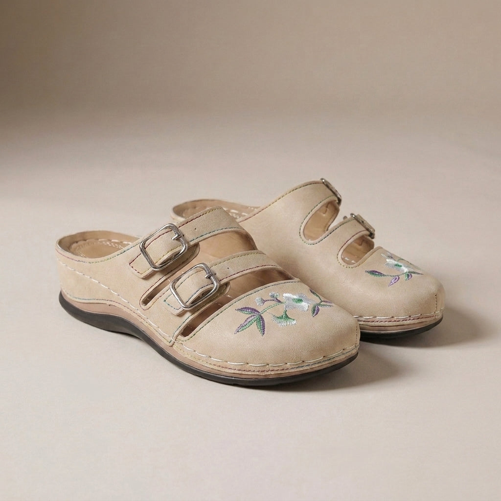 Embroidered Floral Mule Flats with Adjustable Buckles