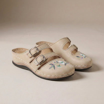 Embroidered Floral Mule Flats with Adjustable Buckles