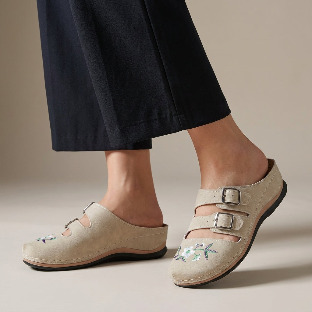 Embroidered Floral Mule Flats with Adjustable Buckles