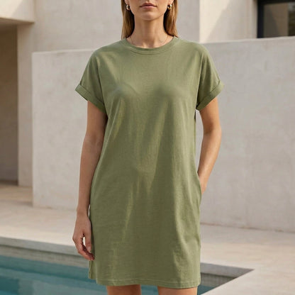 Relaxed Mini Dress with Ribbed Crew Neck and Rolled Cuffs