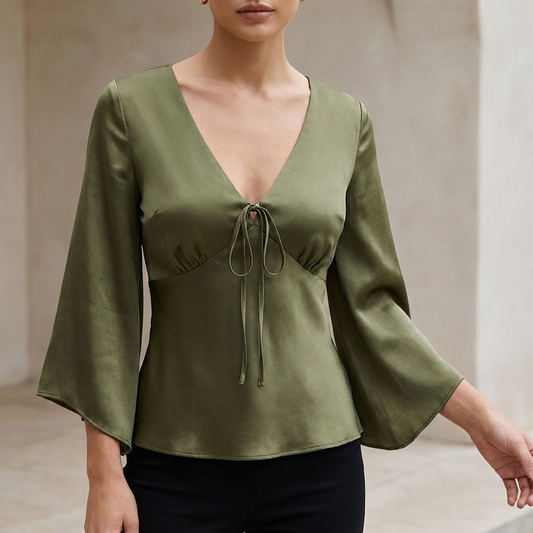Women's Tailored Tie-Front Blouse with Empire Waist and Flared Sleeves