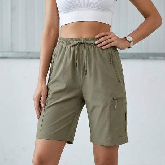 High-Waisted Structured Cargo Shorts with Adjustable Drawstring Waist and Zip Pockets