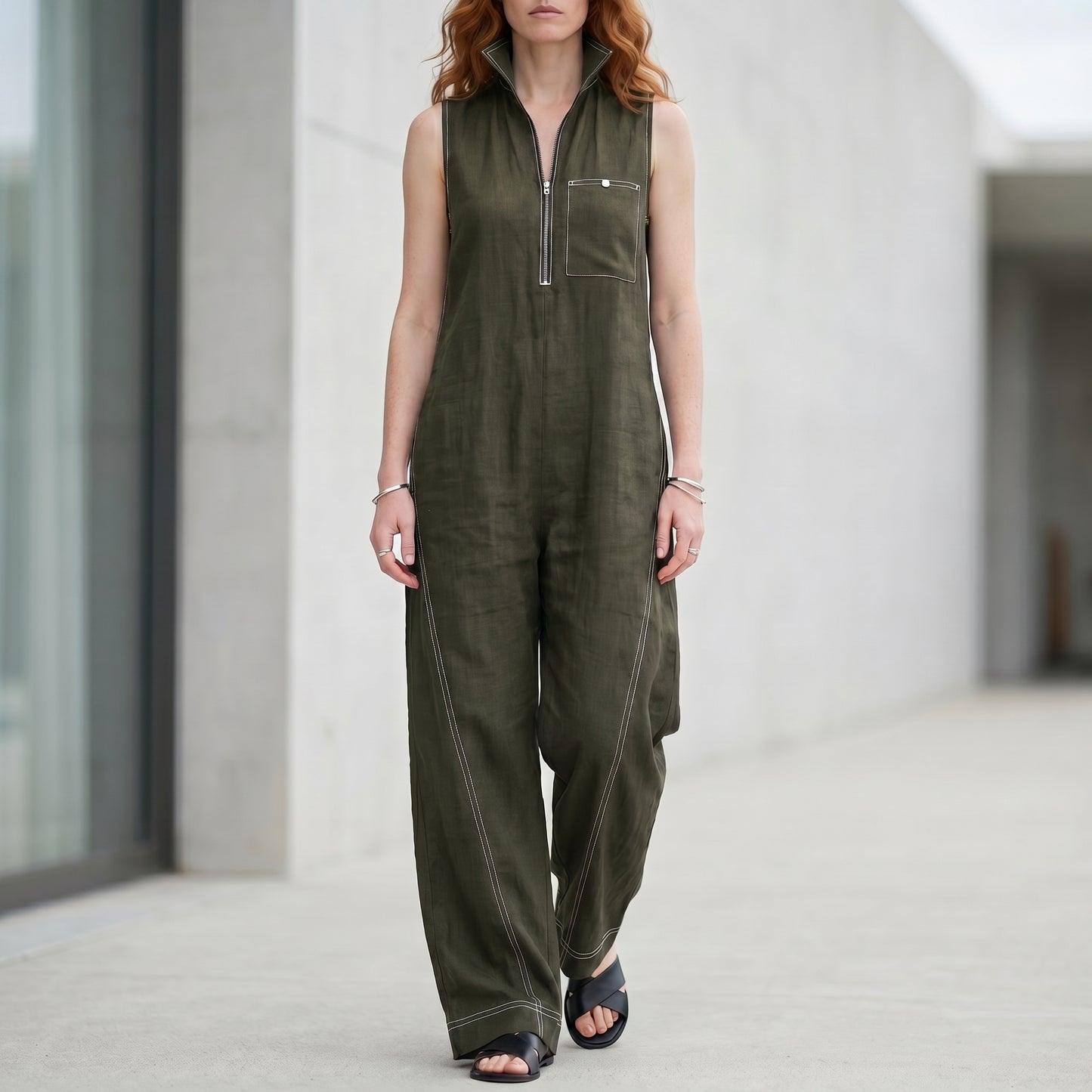Tailored Zip-Front Sleeveless Wide-Leg Jumpsuit